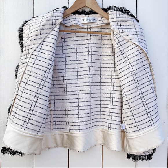 St. John Collection Santana Women’s Blazer Cream White Black Knit Textured Tweed - Picture 8 of 12